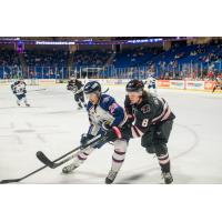 Rapid City Rush defenseman Kenton Helgeson (right) vs. the Tulsa Oilers