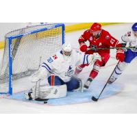 Jack Combs of the Allen Americans pursues a puck in front of the Wichita Thunder goal