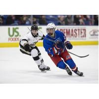 Muskegon Lumberjacks forward David Hymovitch (left) vs. Team USA