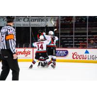 Kelowna Rockets celebrate a goal against the Spokane Chiefs