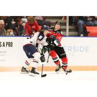 Kelowna Rockets left wing Andrew Cristall (right) vs. the Tri-City Americans
