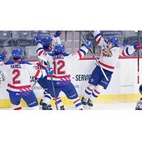 Thomas Auger (right) celebrates hi overtime goal for the Moncton Wildcats