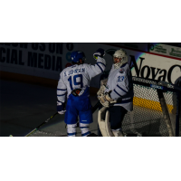 Wichita Thunder forward Stephen Johnson high fives goaltender Jake Theut