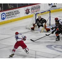 Allen Americans defenseman Jake Kearly takes aim against the Kansas City Mavericks