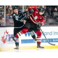 Red Deer Rebels left wing Arshdeep Bains (right) battles the Winnipeg ICE