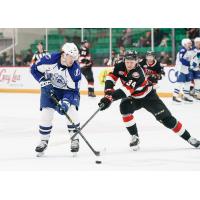 Belleville Senators left wing Roby Jarventie (right) vs. the Syracuse Crunch