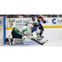 Wichita Thunder goaltender Jake Theut and defenseman Garrett Schmitz vs. the Toledo Walleye