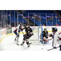 Rapid City Rush defenseman Kenton Helgeson (center) vs. the Tulsa Oilers