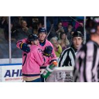 Springfield Thunderbirds react after Sam Anas' goal against the Providence Bruins