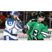 Binghamton Black Bears defenseman Tyler Piekarski (right) vs. the Watertown Wolves