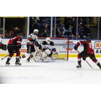 Vancouver Giants right wing Payton Mount (right) readies a shot vs. the Kelowna Rockets
