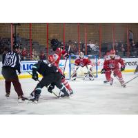 Rapid City Rush goaltender David Tendeck and the Rush defense vs. the Utah Grizzlies