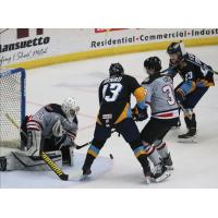Wheeling Nailers goaltender Brody Claeys holds off the Toledo Walleye