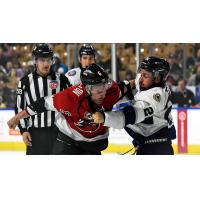 Worcester Railers forward Ethan Price (right) dukes it out with the Adirondack Thunder