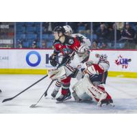 Kelowna Rockets right wing Pavel Novak in traffic against the Kamloops Blazers