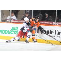 Lehigh Valley Phantoms right wing Hayden Hodgson (right) vs. the Hartford Wolf Pack