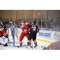 Rapid City Rush defenseman Callum Fryer (left) vs. the Kansas City Mavericks