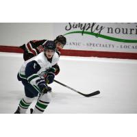 North Iowa Bulls defenseman Joey Potter battles with Aberdeen Wings' Jacob Bosse