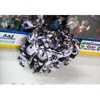 Rapid City Rush huddle up against the Kansas City Mavericks