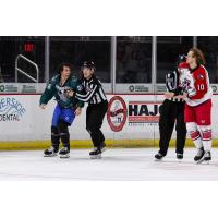 Allen Americans left wing Jackson Leppard (right) looks for more fisticuffs vs. the Wichita Thunder