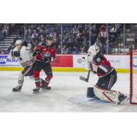 Kelowna Rockets goaltender Talyn Boyko deflects a Kamloops Blazers shot