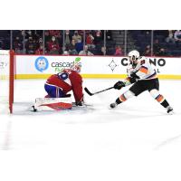 Lehigh Valley Phantoms right wing Charlie Gerard takes a shot vs the Laval Rocket