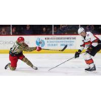 Allen Americans right wing Branden Troock fires a shot against the Kansas City Mavericks