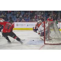 Prince George Cougars right wing Koehn Ziemmer scores vs. the Kamloops Blazers