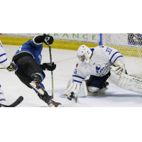 Wichita Thunder goaltender Jake Theut makes a stop