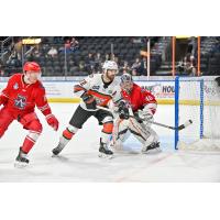 Allen Americans left wing Jared Bethune and goaltender Francis Marotte vs. the Kansas City Mavericks