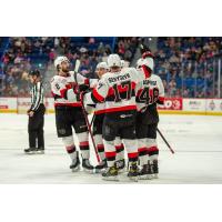 Belleville Senators huddle up after a goal