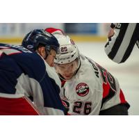 Belleville Senators left wing Andrew Agozzino (right) faces off with the Hartford Wolf Pack