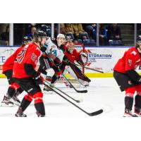 Prince George Cougars defend against the Kelowna Rockets