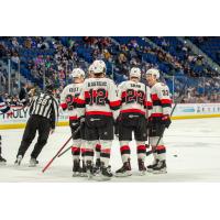 Belleville Senators huddle on the ice