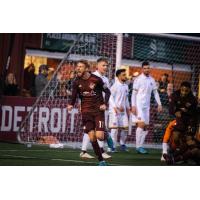 Detroit City FC forward Connor Rutz reacts after his header scored against the Michigan Stars