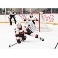 Belleville Senators defenceman Colby Williams and goaltender Michael McNiven