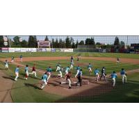 Visalia Rawhide rush the field after their 13-inning win