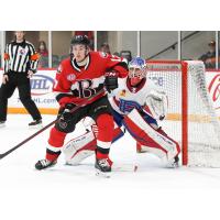 Belleville Senators right wing Zach Senyshyn in front of the Laval Rocket goal