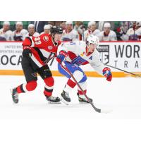 Belleville Senators defenceman Lassi Thomson (left) vs. the Laval Rocket