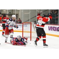 Belleville Senators centre Andrew Agozzino reacts after a goal against the Hartford Wolf Pack