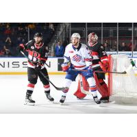 Belleville Senators center Clark Bishop and goaltender Filip Gustavsson vs. the Rochester Americans