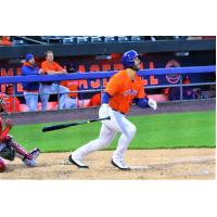 Daniel Palka looks at the go-ahead three-run home run that he hit for Syracuse Mets
