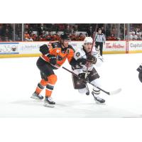 Lehigh Valley Phantoms left wing Max Willman (left) vs. the Hershey Bears