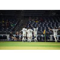 Colorado Springs Switchbacks FC react to the crowd after a goal against FC Tulsa