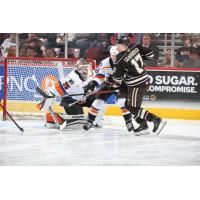 Lehigh Valley Phantoms goaltender Pat Nagle makes a stop against the Hershey Bears