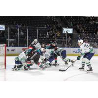 Kelowna Rockets try to create a scoring chance against the Seattle Thunderbirds