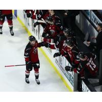 Vancouver Giants defenceman Mazden Leslie along the Giants bench