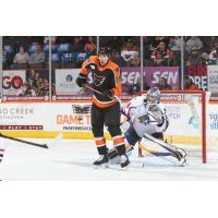 Lehigh Valley Phantoms left wing Isaac Ratcliffe in front of the Springfield Thunderbirds goal