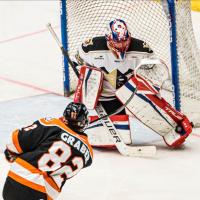 Wheeling Nailers goaltender Louis-Philip Guindon stops a shot against the Fort Wayne Komets
