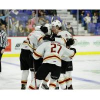 Vancouver Giants huddle up after a goal against the Everett Silvertips